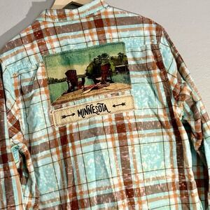 XL Angry Minnow Flannel Shirt Women's Minnesota MN Lake Dock Blue Orange Plaid